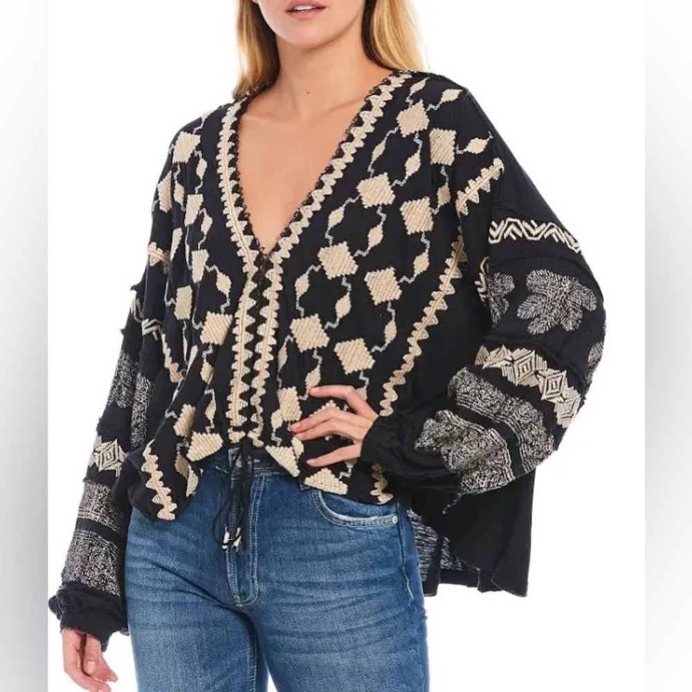 Free People Black and Cream Patterned Blouse